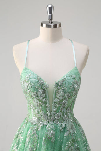 Sparkly Light Green A Line Spaghetti Straps Corset Tulle Prom Dress with Slit