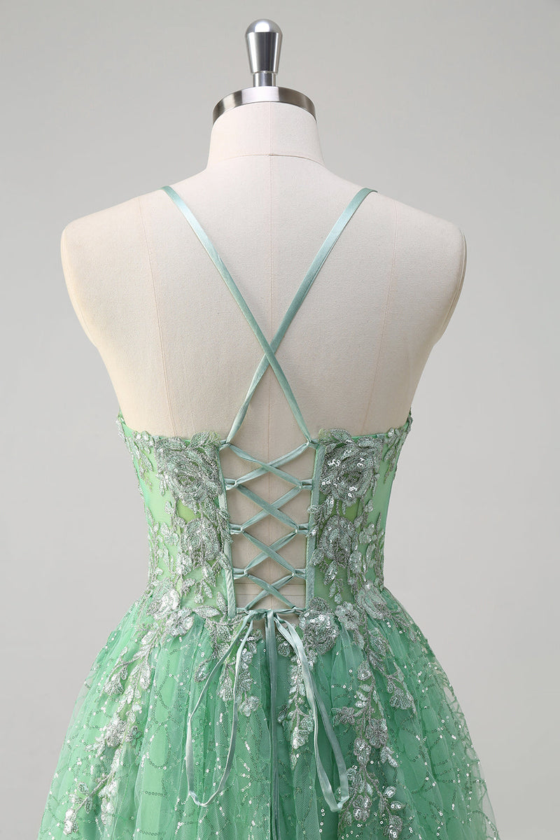 Load image into Gallery viewer, Sparkly Light Green A Line Spaghetti Straps Corset Tulle Prom Dress with Slit