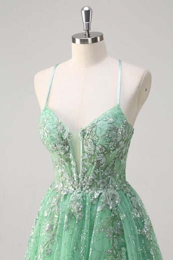 Sparkly Light Green A Line Spaghetti Straps Corset Tulle Prom Dress with Slit