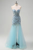 Load image into Gallery viewer, Light Blue Mermaid Strapless Corset Long Beaded Prom Dress With Slit