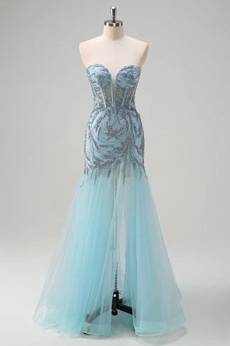 Light Blue Mermaid Strapless Corset Long Beaded Prom Dress With Slit