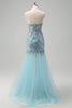 Load image into Gallery viewer, Light Blue Mermaid Strapless Corset Long Beaded Prom Dress With Slit