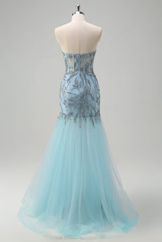 Light Blue Mermaid Strapless Corset Long Beaded Prom Dress With Slit