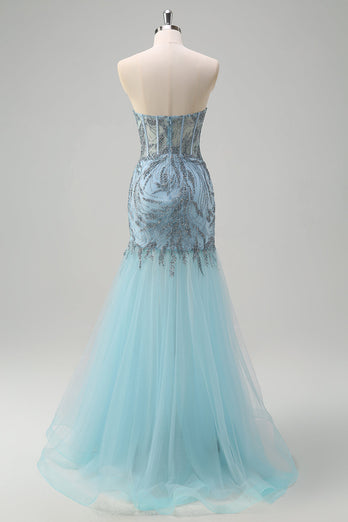 Light Blue Mermaid Strapless Corset Long Beaded Prom Dress With Slit