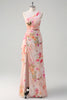 Load image into Gallery viewer, Peach Floral One Shoulder Sleeveless Print Long Prom Dress