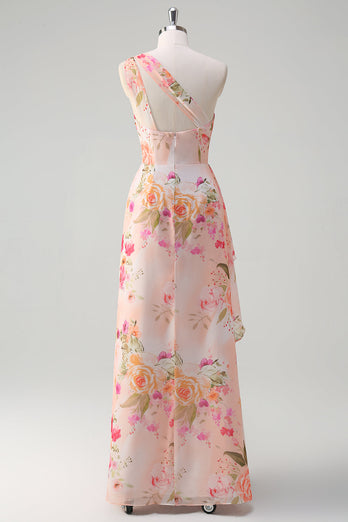 Peach Floral One Shoulder Sleeveless Print Long Prom Dress