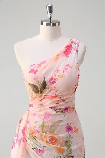 Peach Floral One Shoulder Sleeveless Print Long Prom Dress