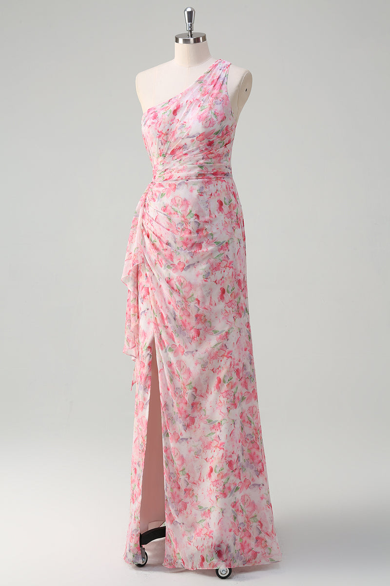 Load image into Gallery viewer, Pink Floral One Shoulder Long Prom Dress With Slit