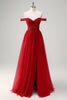 Load image into Gallery viewer, Red A-Line Off the Shoulder Tulle Long Corset Prom Dress with Slit