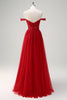 Load image into Gallery viewer, Red A-Line Off the Shoulder Tulle Long Corset Prom Dress with Slit