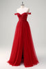 Load image into Gallery viewer, Red A-Line Off the Shoulder Tulle Long Corset Prom Dress with Slit