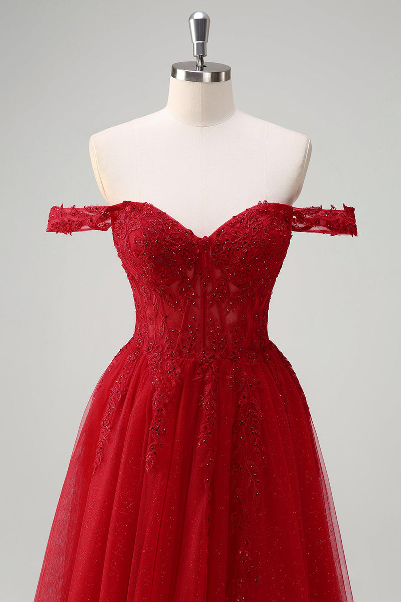 Load image into Gallery viewer, Red A-Line Off the Shoulder Tulle Long Corset Prom Dress with Slit