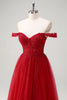 Load image into Gallery viewer, Red A-Line Off the Shoulder Tulle Long Corset Prom Dress with Slit