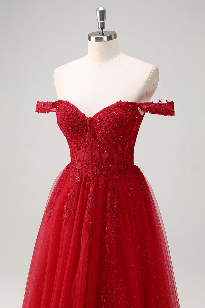 Load image into Gallery viewer, Red A-Line Off the Shoulder Tulle Long Corset Prom Dress with Slit