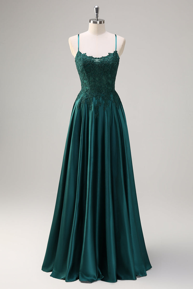 Load image into Gallery viewer, Dark Green A-Line Spaghetti Straps Satin Beaded Long Prom Dress with Appliques