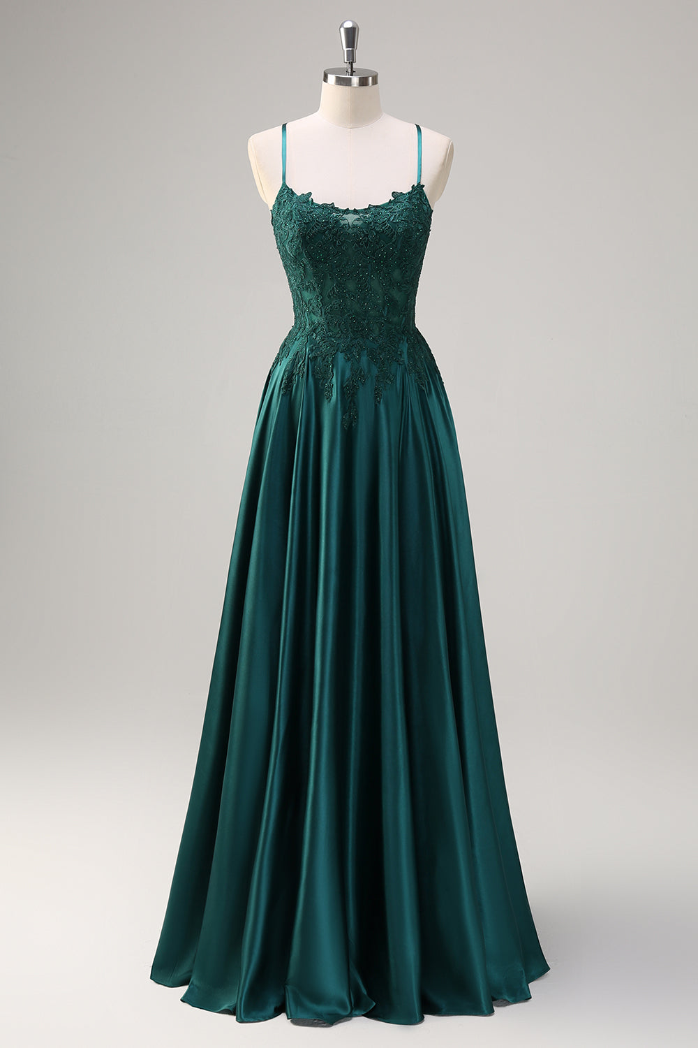 Dark Green A-Line Spaghetti Straps Satin Beaded Long Prom Dress with Appliques