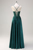 Load image into Gallery viewer, Dark Green A-Line Spaghetti Straps Satin Beaded Long Prom Dress with Appliques