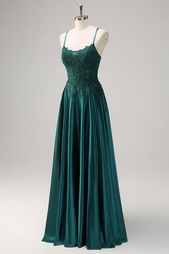 Dark Green A-Line Spaghetti Straps Satin Beaded Long Prom Dress with Appliques