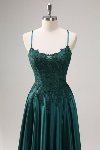 Dark Green A-Line Spaghetti Straps Satin Beaded Long Prom Dress with Appliques