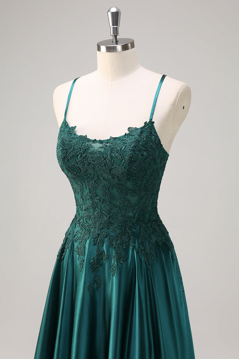 Load image into Gallery viewer, Dark Green A-Line Spaghetti Straps Satin Beaded Long Prom Dress with Appliques