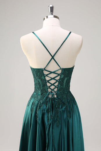 Dark Green A-Line Spaghetti Straps Satin Beaded Long Prom Dress with Appliques