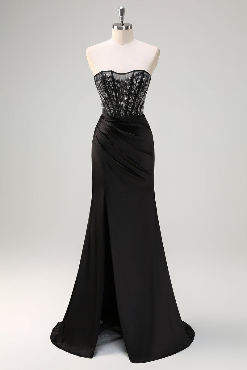 Load image into Gallery viewer, Black Mermaid Strapless Ruched Satin Corset Long Prom Dress with Beading