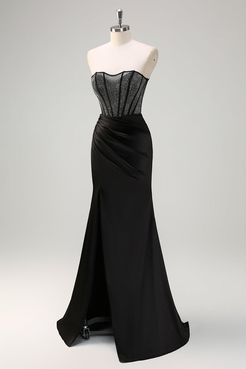 Load image into Gallery viewer, Black Mermaid Strapless Ruched Satin Corset Long Prom Dress with Beading