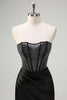 Load image into Gallery viewer, Black Mermaid Strapless Ruched Satin Corset Long Prom Dress with Beading