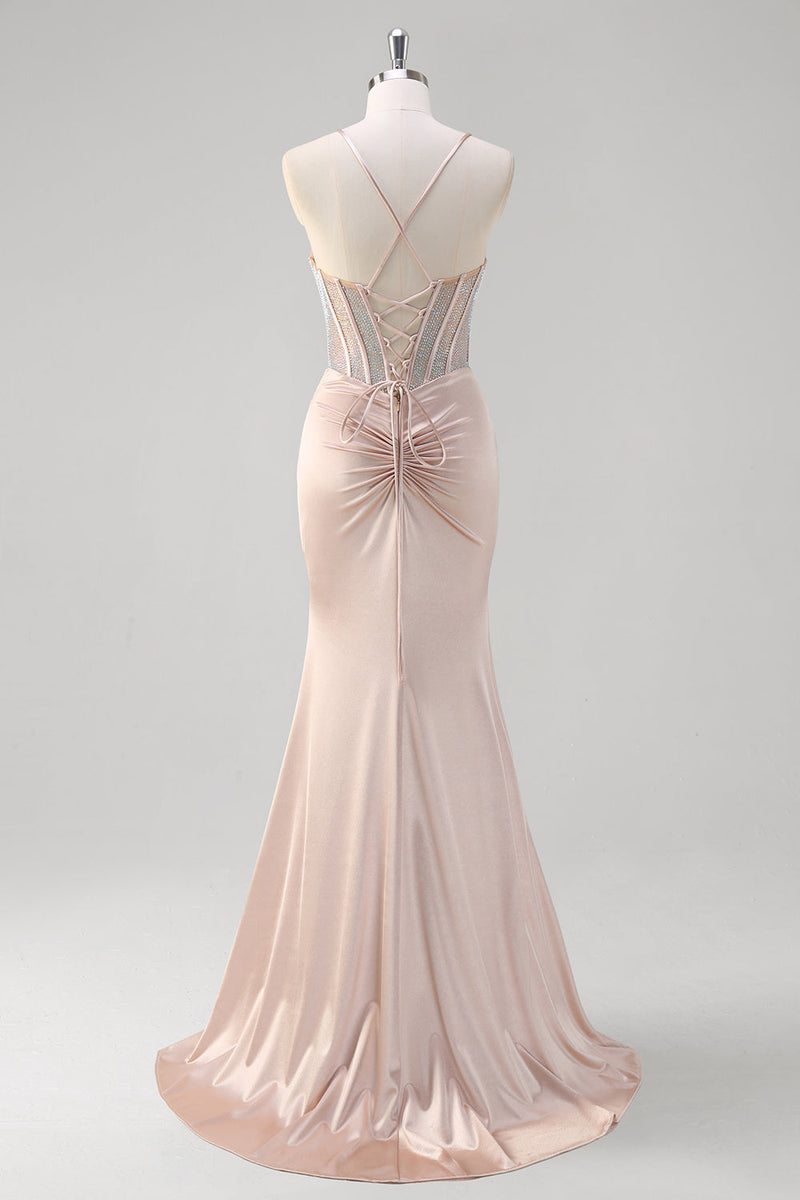 Load image into Gallery viewer, Blush Spaghetti Straps Mermaid Corset Beaded Long Prom Dress