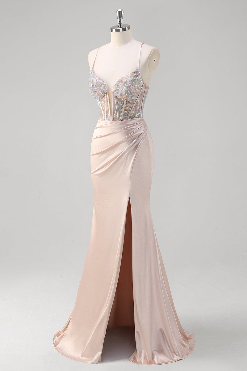 Load image into Gallery viewer, Blush Spaghetti Straps Mermaid Corset Beaded Long Prom Dress