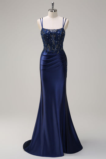 Navy Mermaid Spaghetti Straps Corset Ruched Long Prom Dress With Slit