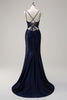 Load image into Gallery viewer, Navy Mermaid Spaghetti Straps Corset Ruched Long Prom Dress With Slit