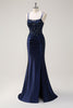 Load image into Gallery viewer, Navy Mermaid Spaghetti Straps Corset Ruched Long Prom Dress With Slit