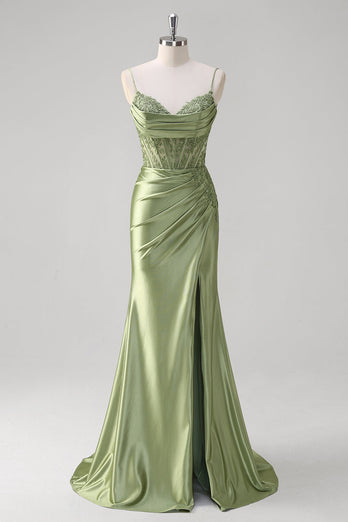 Mermaid Green Corset Spaghetti Straps Pleated Prom Dress