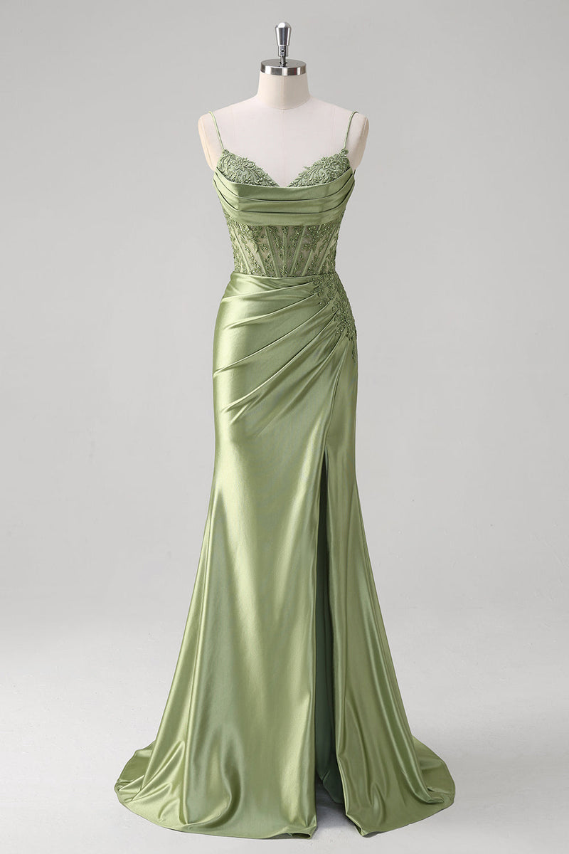 Load image into Gallery viewer, Green Mermaid Spaghetti Straps Pleated Corset Prom Dress