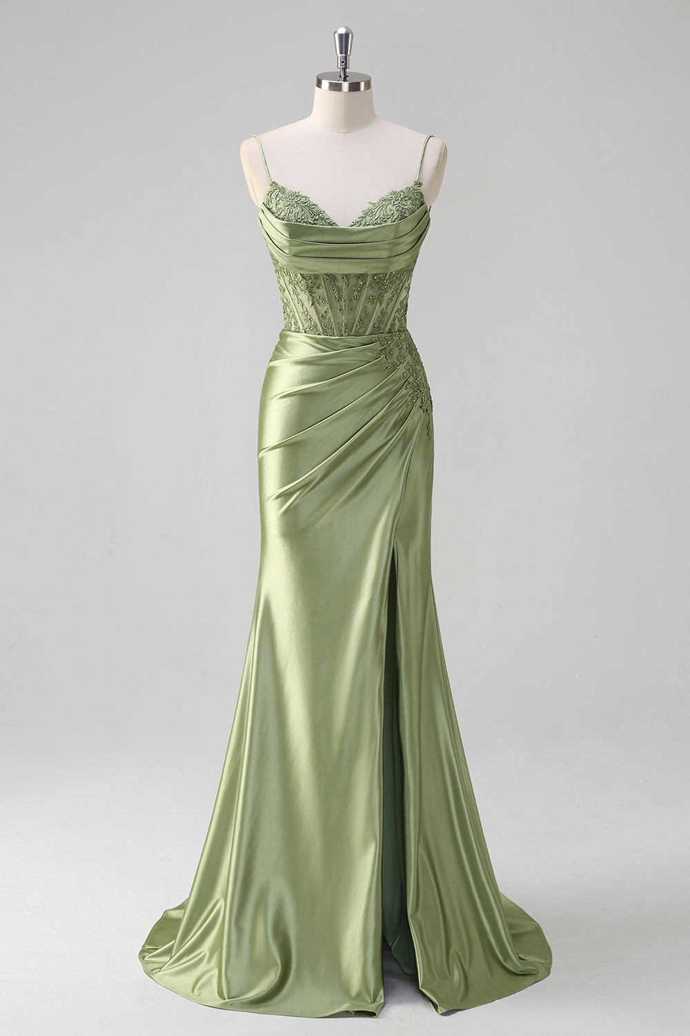 Green Mermaid Spaghetti Straps Pleated Corset Prom Dress