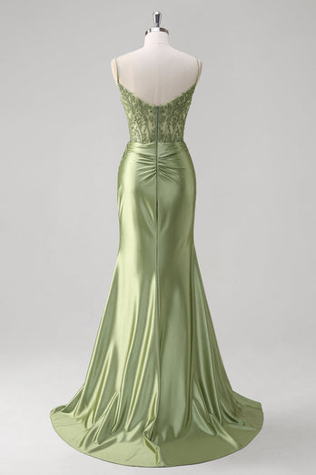 Green Mermaid Spaghetti Straps Pleated Corset Prom Dress