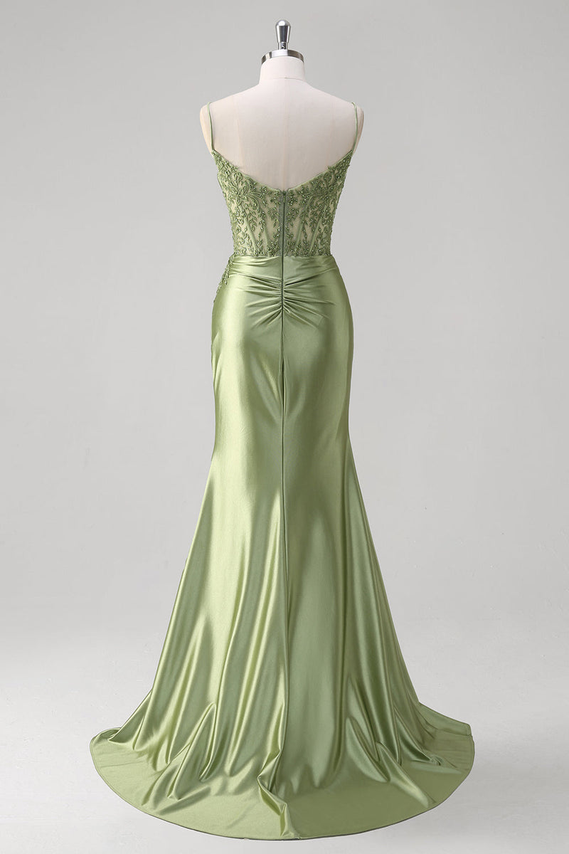 Load image into Gallery viewer, Mermaid Green Corset Spaghetti Straps Pleated Prom Dress