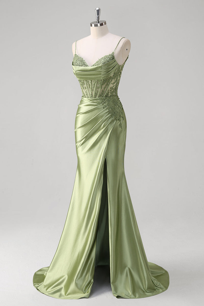 Load image into Gallery viewer, Green Mermaid Spaghetti Straps Pleated Corset Prom Dress