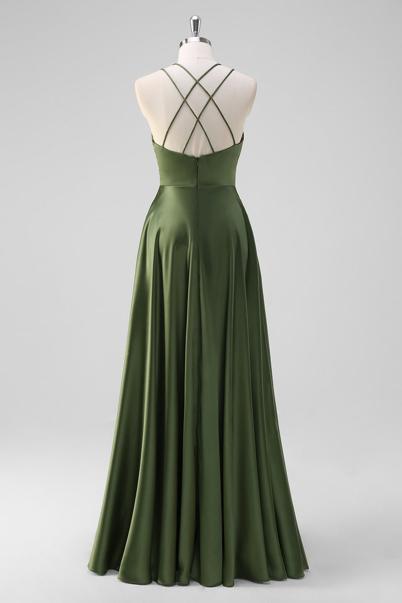 Load image into Gallery viewer, Olive A-Line Spaghetti Straps Ruched Long Satin Bridesmaid Dress