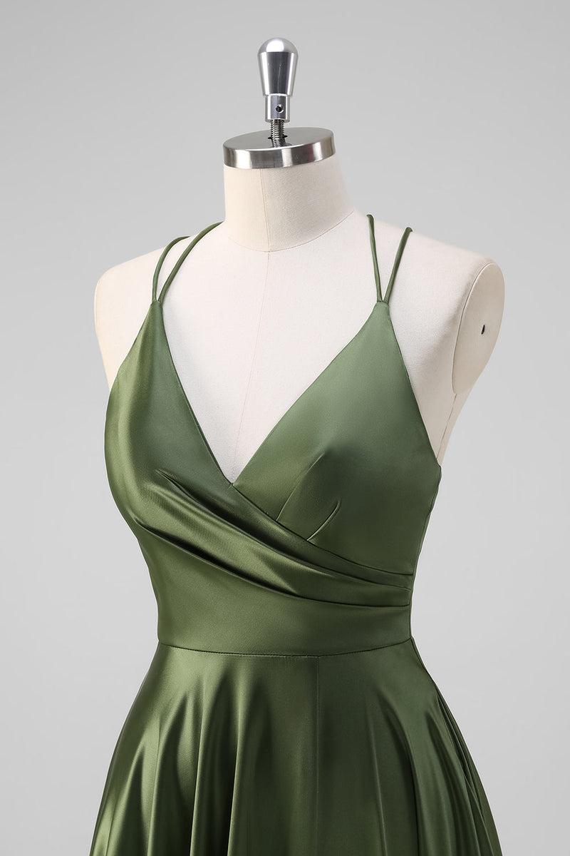 Load image into Gallery viewer, Olive A-Line Spaghetti Straps Ruched Long Satin Bridesmaid Dress