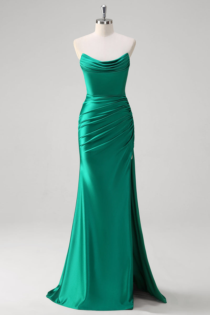 Load image into Gallery viewer, Green Mermaid Strapless Satin Ruched Long Prom Dress with Slit