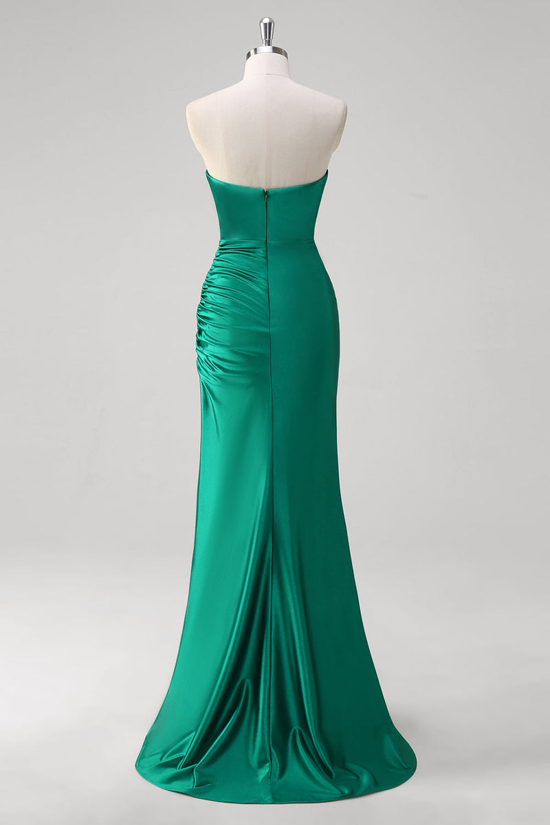 Load image into Gallery viewer, Green Mermaid Strapless Satin Ruched Long Prom Dress with Slit