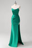 Load image into Gallery viewer, Green Mermaid Strapless Satin Ruched Long Prom Dress with Slit