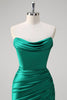 Load image into Gallery viewer, Green Mermaid Strapless Satin Ruched Long Prom Dress with Slit