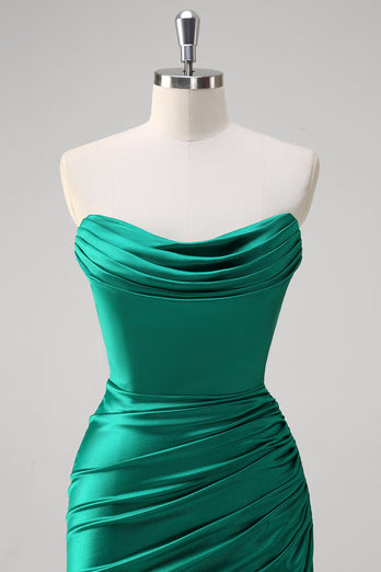 Green Mermaid Strapless Satin Ruched Long Prom Dress with Slit