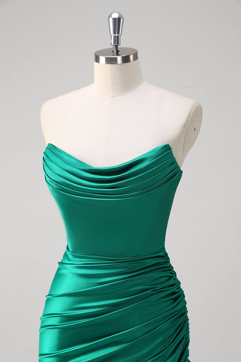 Load image into Gallery viewer, Green Mermaid Strapless Satin Ruched Long Prom Dress with Slit