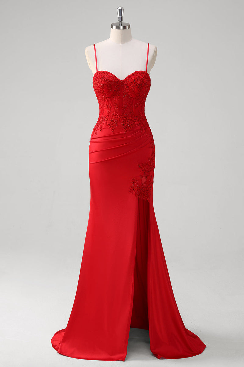 Load image into Gallery viewer, Red Spaghetti Straps Mermaid Satin Long Corset Prom Dress with Appliques