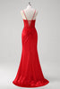 Load image into Gallery viewer, Red Spaghetti Straps Mermaid Satin Long Corset Prom Dress with Appliques