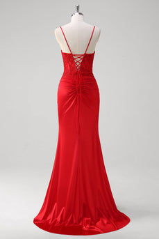 Red Spaghetti Straps Mermaid Satin Long Corset Prom Dress with Appliques